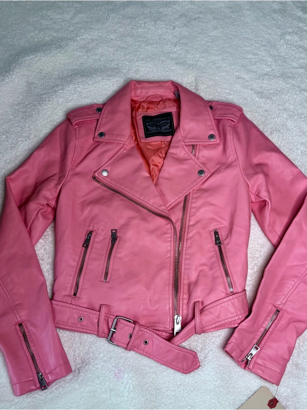Levi's Pink Faux Leather Moto Jacket with Belted Hem - Picture 3 of 7